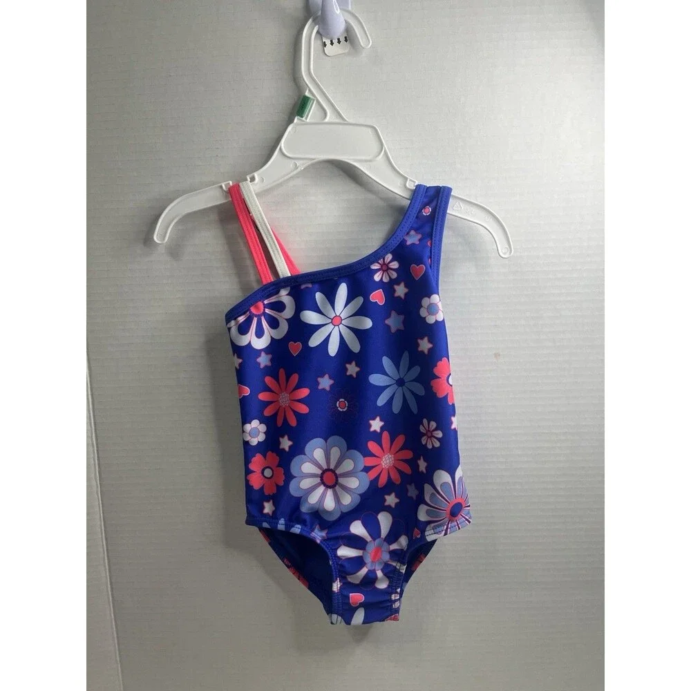 Girls One-Piece Swimsuit Blue Pink Floral Print Size 24M